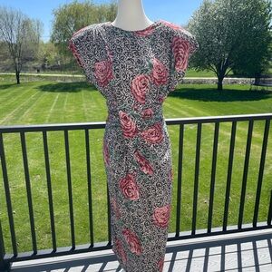Vintage Milanzo Floral Print Dress Rayon Ruched With Shoulder Pads
